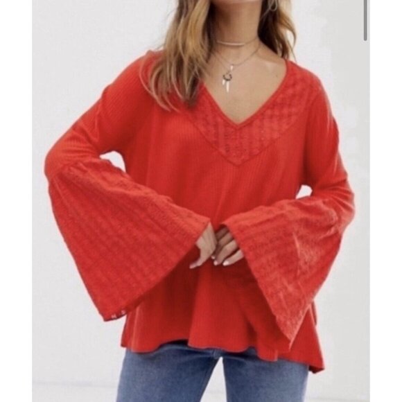 Free People Parisian nights boho blouse Orange Tunic M - Picture 2 of 9